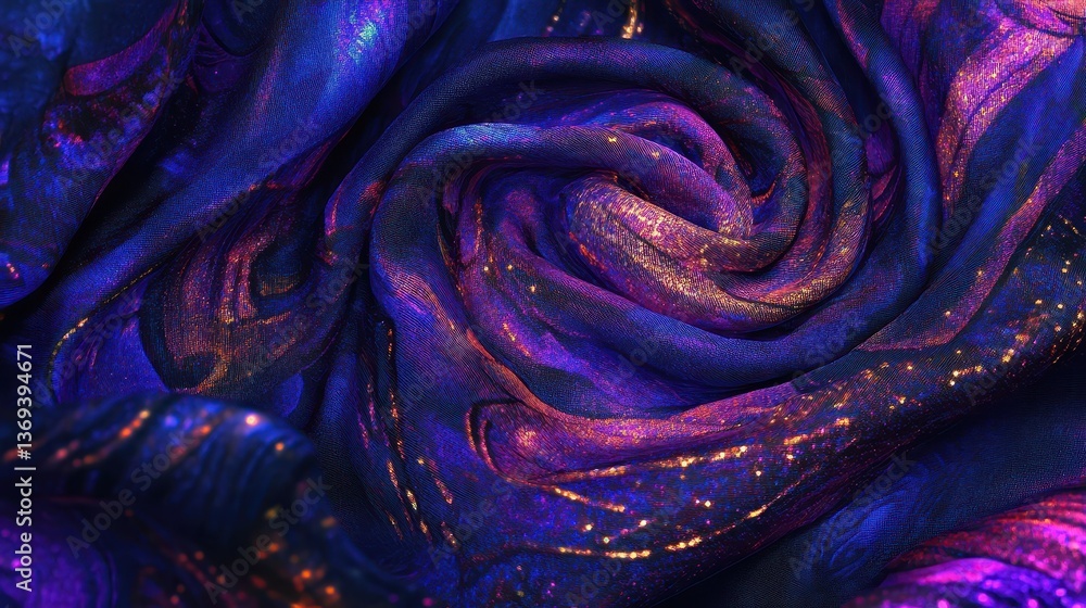 Poster macro view of silk fabric with swirling nebula inspired design and vibrant colors for artistic texti