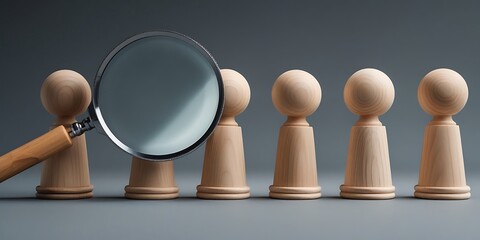 Minimalist composition with wooden pawns and magnifying glass representing job interview, talent search, candidate screening, and organizational decision-making in business context


