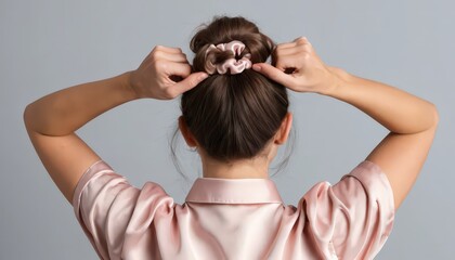 Naklejka premium Woman Styling Hair with Scrunchie: Back View
