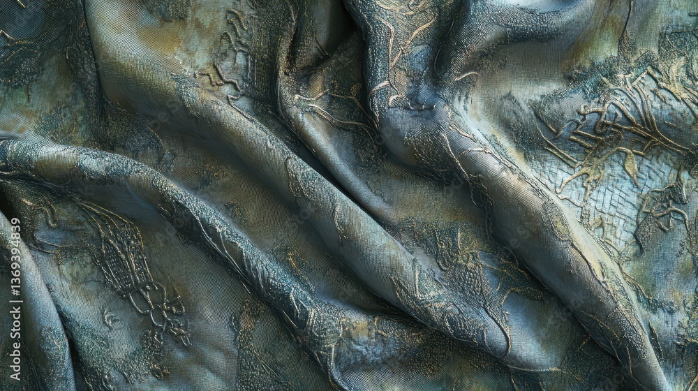 Poster macro view of silk fabric with intricate patterns reflecting an ancient ruin aesthetic in earthy ton