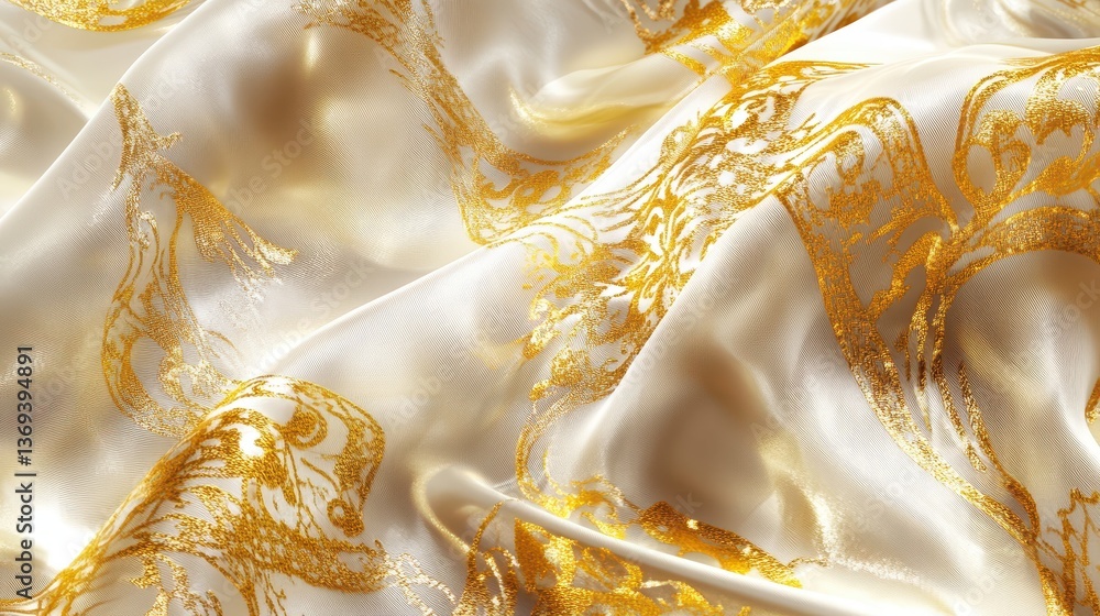 Poster elegant macro view of silk fabric displaying intricate arabian style patterns in rich metallic gold 
