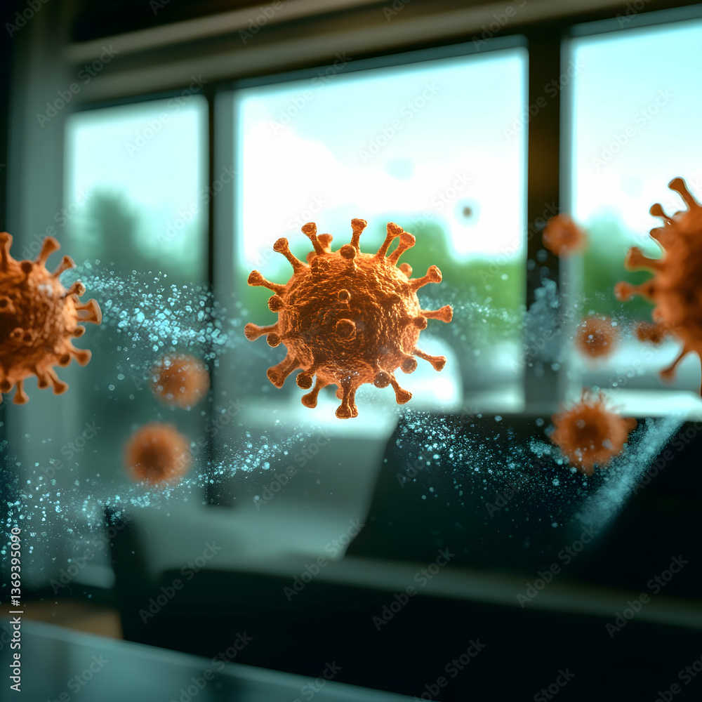 Poster 3d render of virus particles spreading in an office setting, abstract background illustration of mic