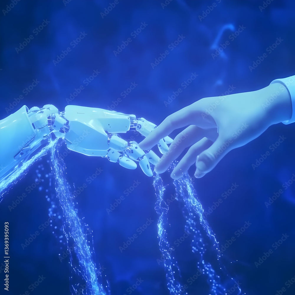 Aufkleber 3d render: robotic hand and human hand touch, digital data streams flowing between, futuristic abstr