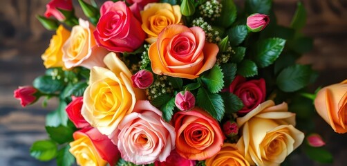 Fototapeta premium Rustic bouquet of vibrant roses and lush greenery, wildflowers, summer flowers