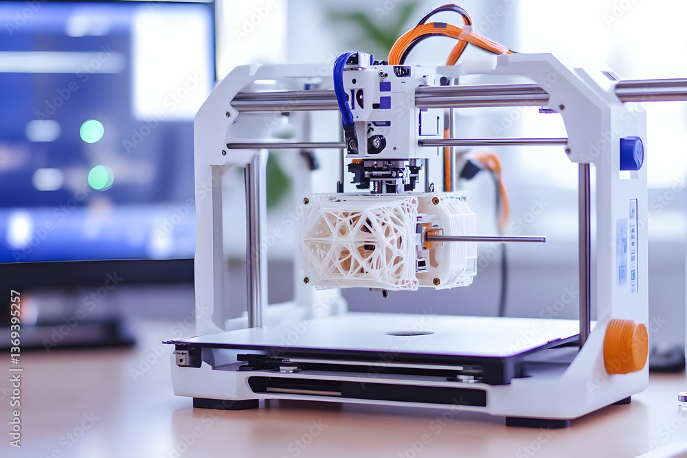 Poster white 3d printer creates intricate lattice structure in modern setting