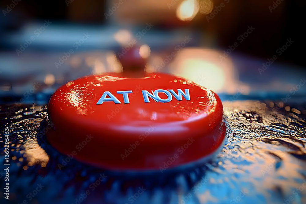 Poster close-up 3d render of a red button with 'at now' inscription on a reflective surface