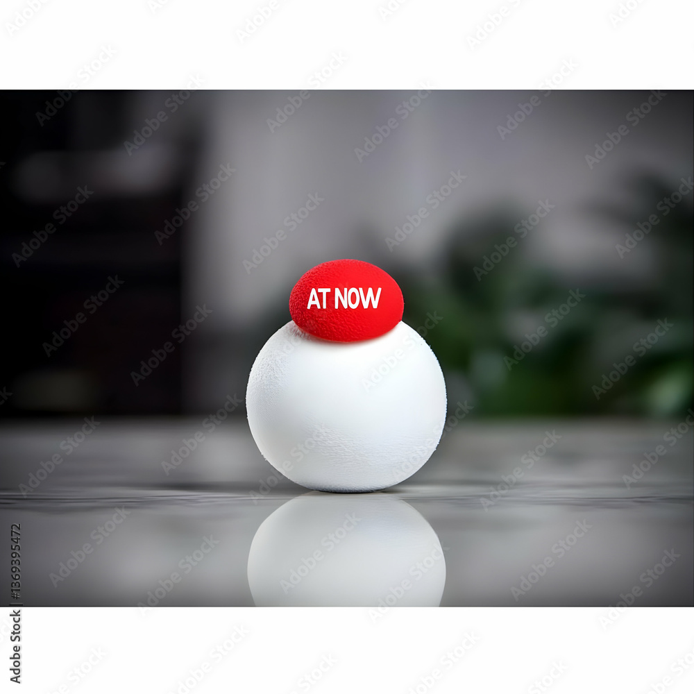Poster abstract 3d render: a white sphere topped with a red 'at now' button, reflecting on a marble surface