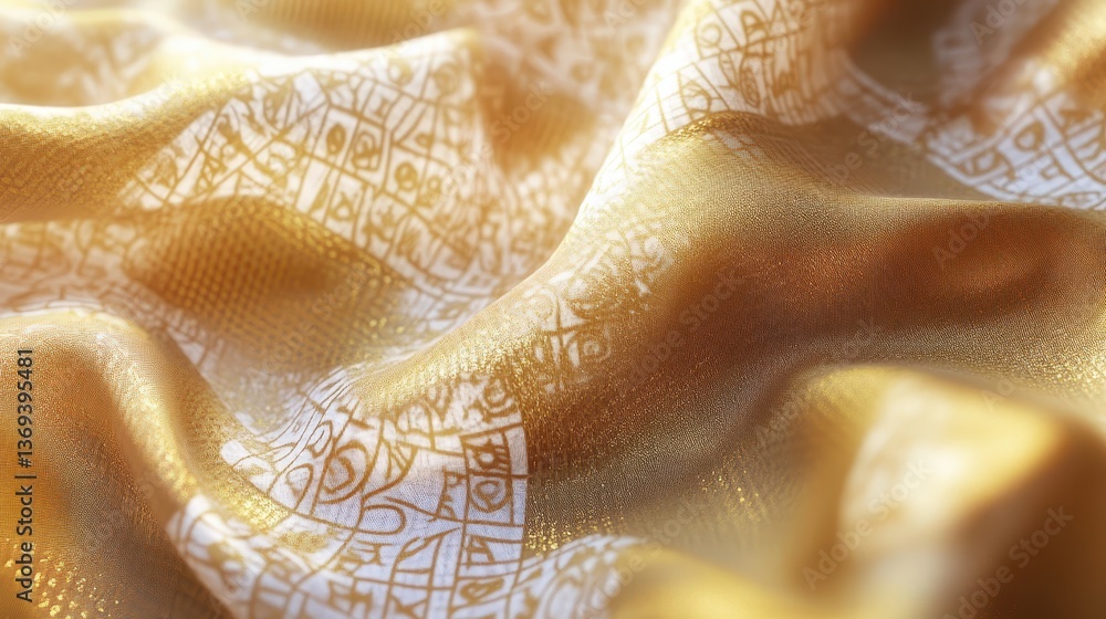 Aufkleber macro view of luxurious silk fabric displaying intricate arabian style patterns in shades of gold an