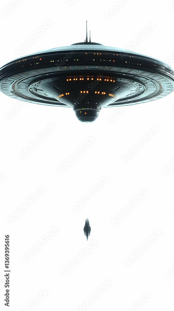 Aufkleber 3d render of a futuristic spaceship descending towards a smaller craft against a white background