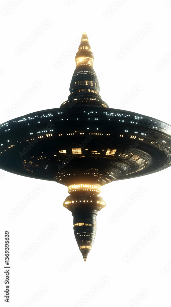 Aufkleber futuristic 3d render of a disk-shaped spaceship with illuminated details, hovering against a white b