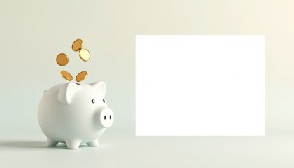 Piggy Bank with Falling Coins Beside Standing Card, Clean Financial Template for Savings Marketing and Investment Communications
