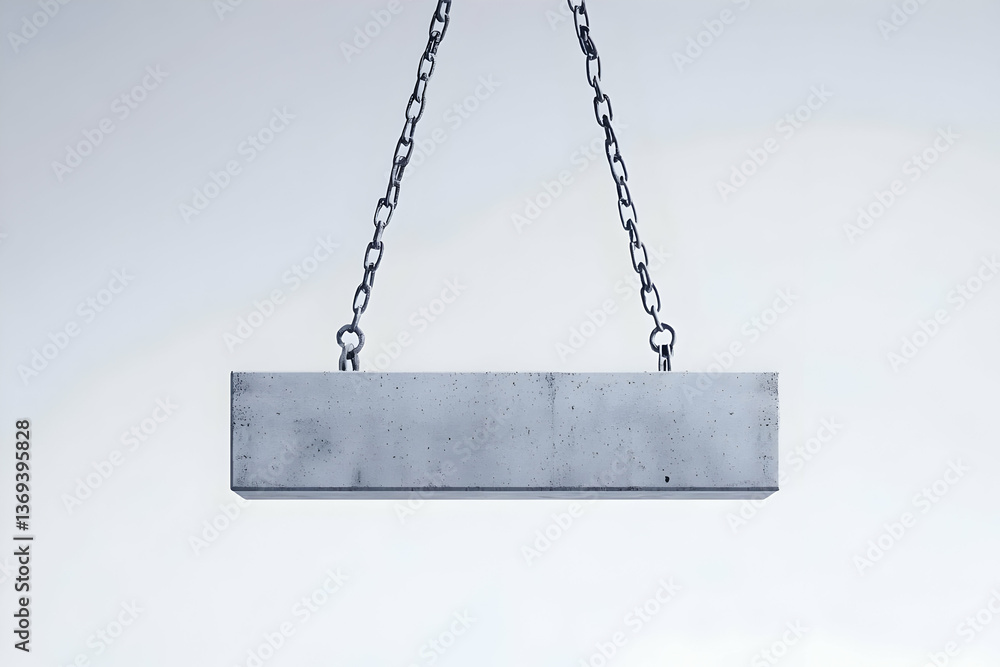 Poster 3d render of a concrete block suspended by chains against a white background