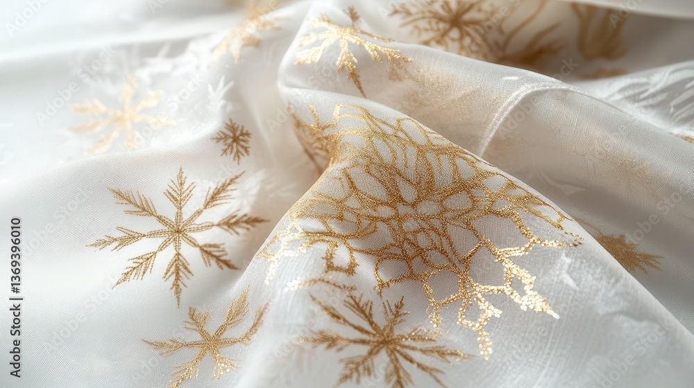 Poster macro view of elegant silk fabric featuring intricate arabian style patterns and golden snowflake de