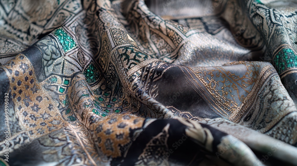 Poster macro view of luxurious silk fabric featuring intricate arabian style patterns and rich textures per