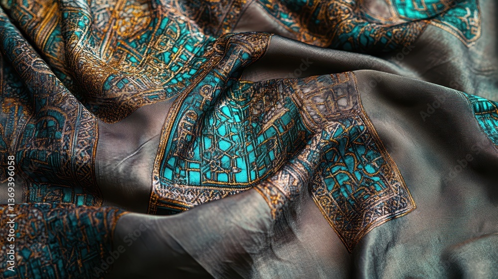 Poster luxurious silk fabric with arabian motif, showcasing intricate patterns and rich colors in a close-u