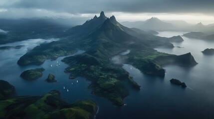 Lush island archipelago, dramatic mountains, serene waterways.  A breathtaking aerial view of a remote island paradise,