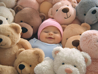 Adorable Baby Surrounded by Soft Teddy Bears in a Cozy Setting