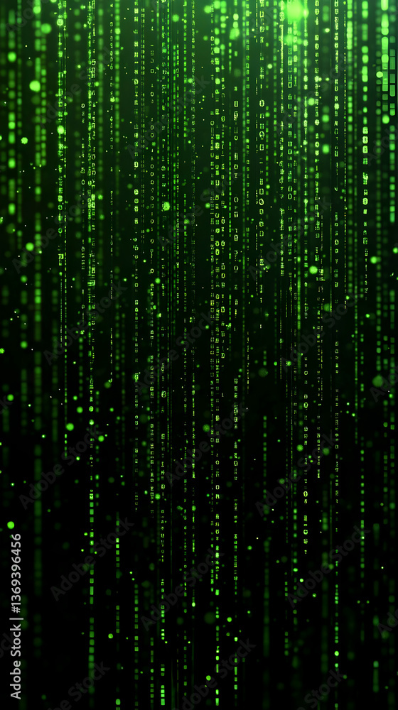Poster abstract green digital rain background: glowing matrix-style code descending with luminous particles