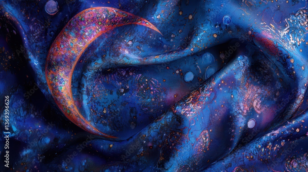 Poster macro view of luxurious silk fabric in arabian style with rich patterns and deep blue color tones id