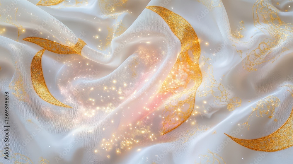 Poster elegant macro view of silk fabric with arabesque patterns in soft white and gold hues for textile an