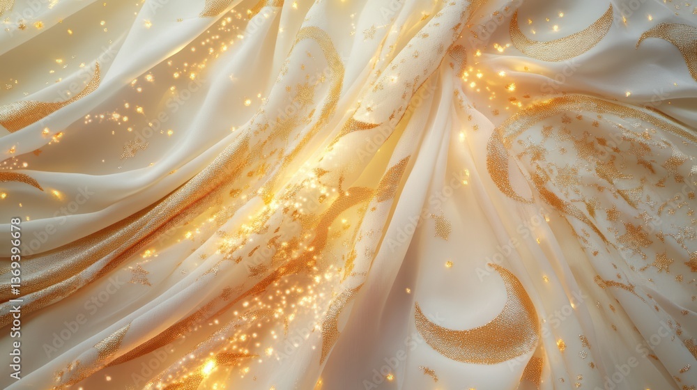 Poster high fidelity macro view of silk fabric featuring intricate arabian style patterns in a golden color