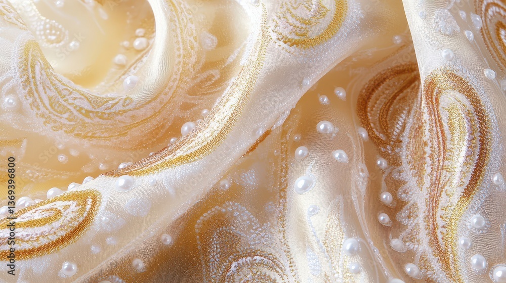 Poster macro view of elegant silk fabric with arabian style patterns and pearl embellishments in soft warm 