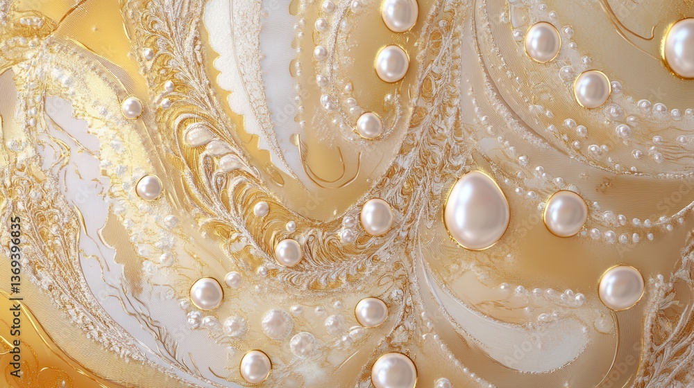 Poster macro view of silk fabric featuring arabian style patterns with pearl details and elegant swirls in 