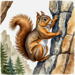 Fototapeta premium watercolor-Style Illustration a squirrel scaling a rock climbing wall, using its tiny paws to grip the rocks