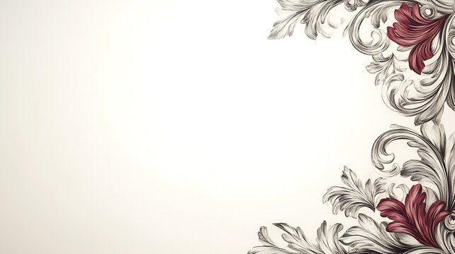 Decorative floral design corner shows artful flourishes and red accent flowers