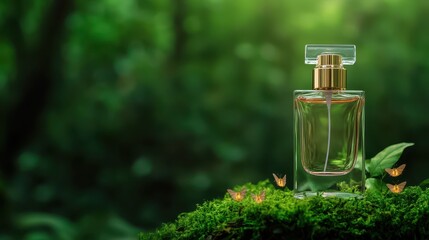 Clear glass perfume bottle on green moss with butterflies, blurred nature background, realistic design and seamless appearance for stock photography use