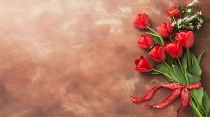 Red Tulips and Delicate Flowers Arranged on a Rustic Brown Background with a Red Ribbon