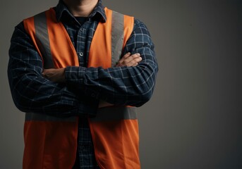 Man with crossed arms wearing a reflective vest, symbolizing safety while inspecting construction projects for commercial property safety and risk managament