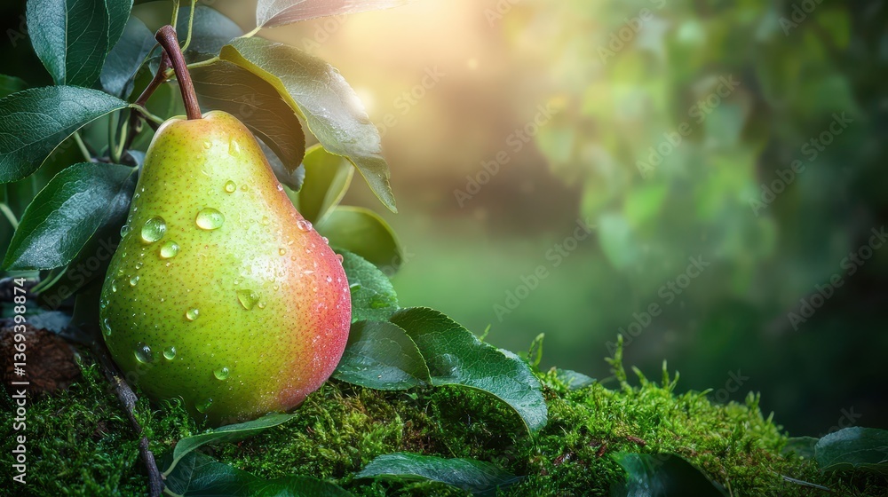 Poster realistic seamless pattern featuring fresh green pear surrounded by lush greenery with dew drops on 