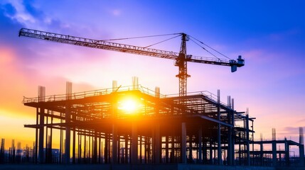 Construction site at sunset with a crane lifting materials against a colorful sky