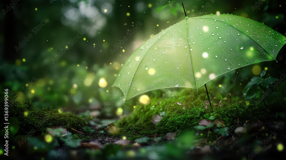 Poster realistic seamless pattern of green umbrella surrounded by nature with dew drops and soft light crea