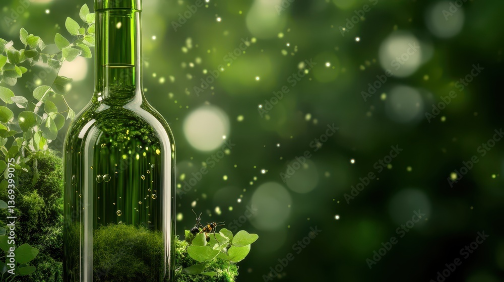 Poster realistic seamless pattern of green wine bottle surrounded by lush foliage and sparkling bokeh backg