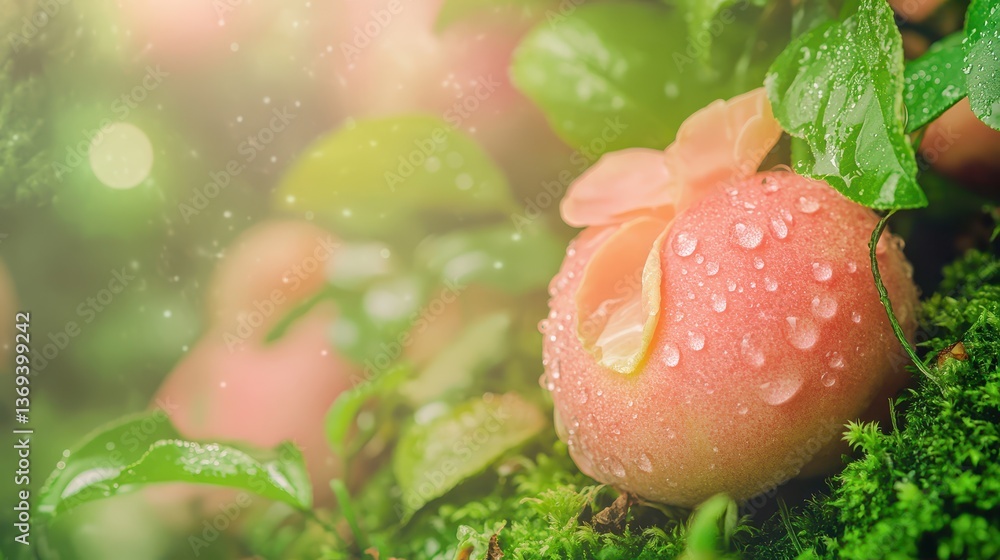 Poster realistic seamless pattern of pink guava with raindrops and green leaves for textiles and surface de