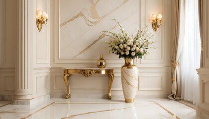 Elegant Interior Featuring Vase with White Flowers, Gold Accents and Marble