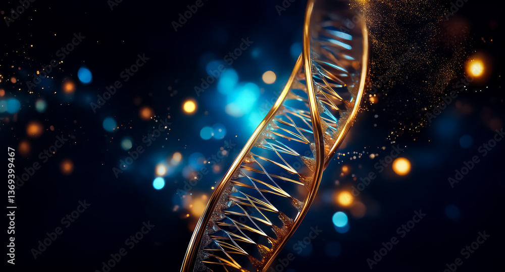 Poster abstract golden helix structure against a dark background with bokeh lights. illuminated spiral desi