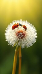A ladybug rests on a fluffy dandelion seed head, sunlight illuminating delicate details, yellow, detail, seed head