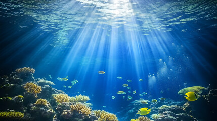 Fototapeta premium Vibrant underwater scene with sun rays illuminating coral reefs and diverse fish species during midday in a tropical ocean