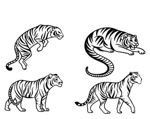 a black line art vector tiger with many poses 