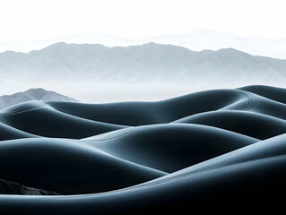 Fototapeta premium Abstract Monochromatic Landscape: Serene Sand Dunes Rolling into Misty Mountains, a Dramatic, Textured View