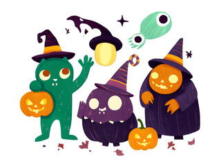 Fototapeta premium Spooky and Sweet, A Colorful Illustration of Whimsical Trick-or-Treaters Ready for Halloween Fun with Their Adorable Pumpkin Companions in a Festive Parade