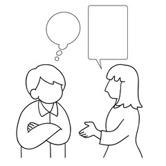 説明する女性と考える男性の線画イラスト　吹き出し付き