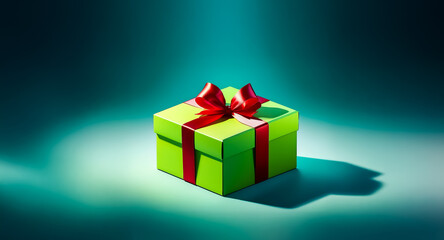 Obraz premium A vibrant green gift box adorned with a bright red ribbon sits under a spotlight, creating a festive and celebratory atmosphere. The box is simple and square.