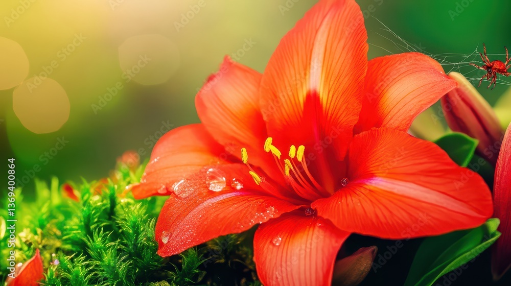 Poster stunning red flower pattern on a vibrant background with lush greenery for use in nature themes and 