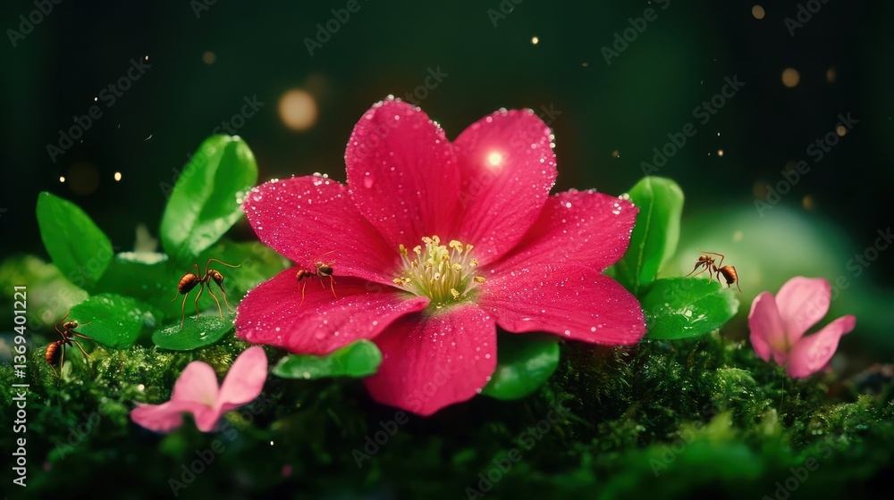 Poster Realistic Seamless Pattern of Red Flower with Dew Drops and Green Leaves in a Natural Setting with Ants and Soft Bokeh Background