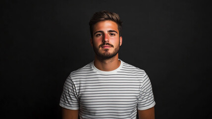 Fototapeta premium Photo of a man in a white striped t-shirt against a black background, with the logo. This appears to be a studio portrait shot