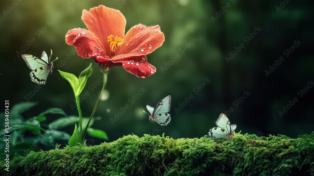 Poster realistic seamless pattern of red flower surrounded by butterflies in a lush greenery with soft focu